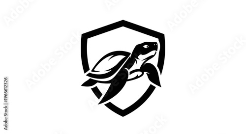 Black and white turtle symbol within shield for branding and protection