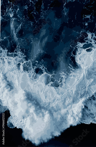 Abstract aerial view of deep blue ocean water with powerful white sea foam and splashing waves