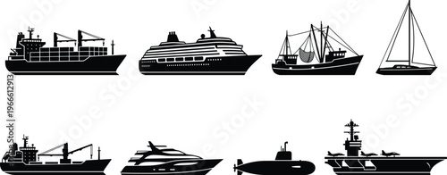 Comprehensive Collection of Black Maritime Ship Silhouettes Including Cargo Vessel Cruise Liner Fishing Boat Sailboat Yacht Submarine and Aircraft Carrier Isolated on White Background