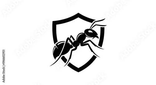 Black ant silhouette on shield symbolizing protection and strength