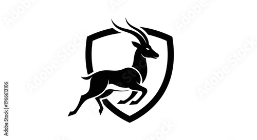 Black antelope silhouette jumping inside a shield emblem graphic design