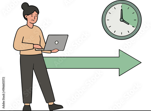 A woman uses her laptop as time passes quickly nearby.