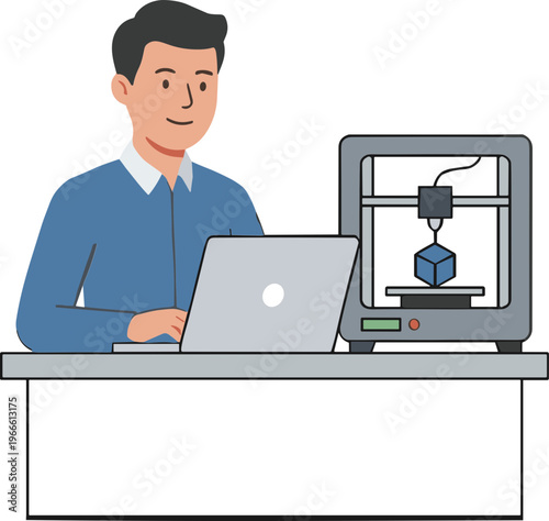 A man sitting at a desk uses a laptop next to a 3D printer in a workshop.