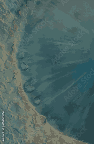 Abstract lunar surface texture with craters and rocky terrain in muted teal and grey