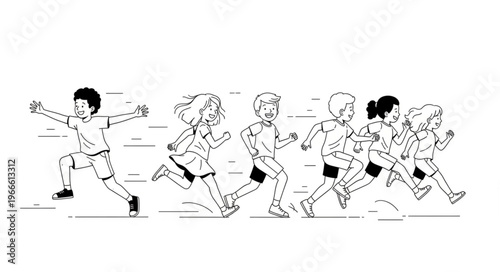 Children running race in a black and white illustration.