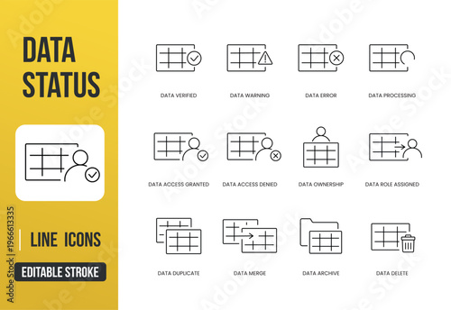 A set of data status icons representing validation, errors, access control, ownership, and data operations for dashboards and management systems, created in line style with editable stroke