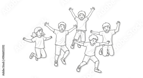 Children jumping joyfully in the air, celebrating happiness.