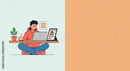Young man comfortably working from home, engaged in a video conference call on his laptop and tablet, embracing the modern remote work lifestyle