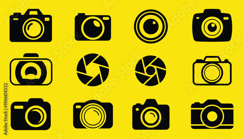 Camera and photography icons, DSLR cameras, lenses, tripods, lighting gear, vector set, photography portfolio, studio branding, photo equipment and creative workflow concept.