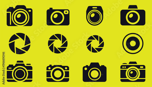Camera and photography icons, DSLR cameras, lenses, tripods, lighting gear, vector set, photography portfolio, studio branding, photo equipment and creative workflow concept.