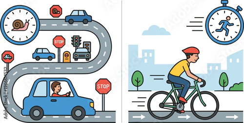 A man rides a bicycle while a car drives on a winding road with various traffic signs and vehicles.