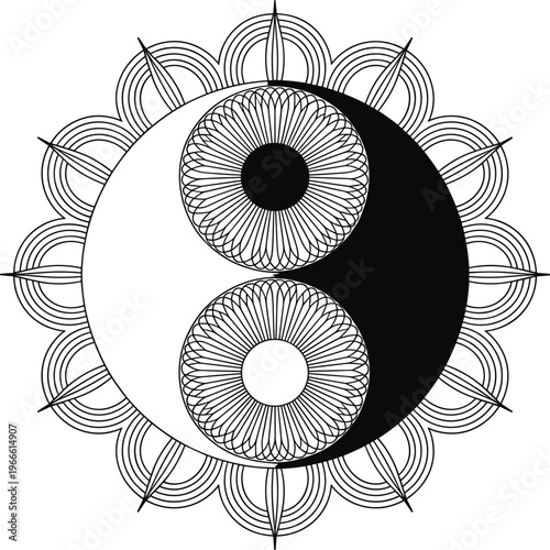 Yin yang symbol with geometric mandala petal border and circular line patterns