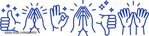 Collection of Blue Line Art Hand Gestures: Thumbs Up, Clapping, Ok Sign, Praying Hands, High Five