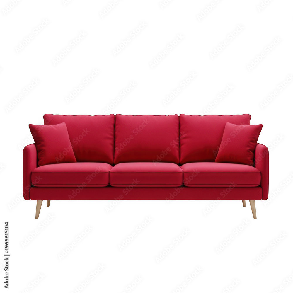 Fototapeta premium A comfortable three seater sofa upholstered in red fabric featuring two matching side cushions isolated on transparent background