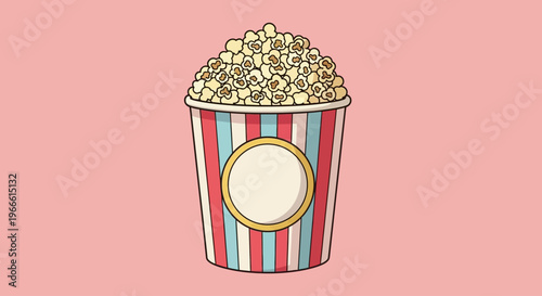 Classic striped popcorn bucket overflowing with delicious kernels, perfect for movie nights and entertainment snacks