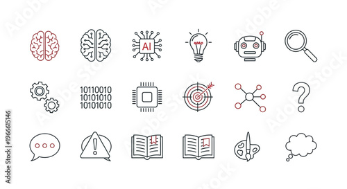 AI and Technology Icons - Brain, Robot, CPU, Lightbulb, Gear, Binary Code, Target, Magnifying Glass