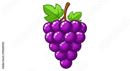 Vibrant cartoon illustration of a delicious bunch of purple grapes with fresh green leaves, perfect for fruit-themed designs, healthy eating concepts, and wholesome food graphics