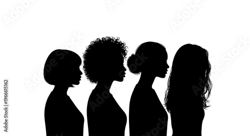 Diverse profiles of four women showcasing various hairstyles and individual beauty, representing unity and community against a stark white background