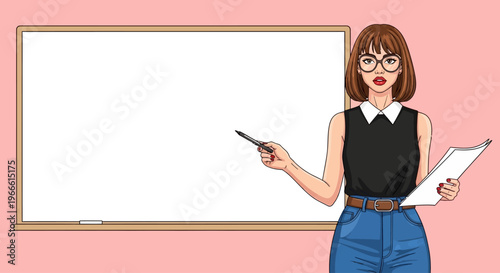 Vector illustration of a female teacher pointing at a whiteboard with a document in hand, ready for a lesson