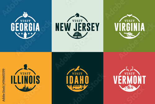 Vintage travel badge set, usa state badge set, traveler pins collection, camping logo pack. Georgia, New Jersey, Virginia, Illinois, Idaho, Vermont
