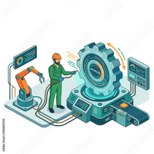 A worker in green overalls and an orange helmet operates a large gear system with a robotic arm in a factory setting.