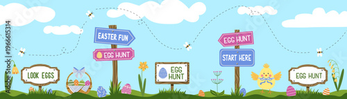 Cute Easter egg hunt signs on meadow green grass border. Happy Easter day vector background.
