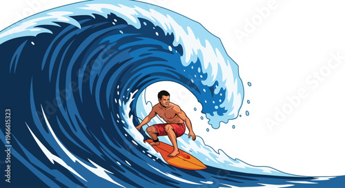 Dynamic illustration of a male surfer skillfully riding a large, powerful ocean wave, capturing the thrill and energy of watersports