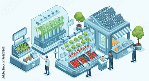 Futuristic urban farming system integrating vertical hydroponics, automated harvesting, and a solar-powered market stall for sustainable food production and distribution.