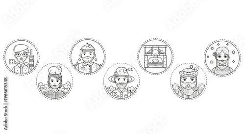 Set of black and white line art vector icons featuring diverse characters from different professions and a cozy bedroom scene, perfect for user interfaces and profiles