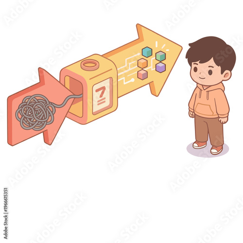 A boy solves puzzles with a machine transforming confusion into clarity.