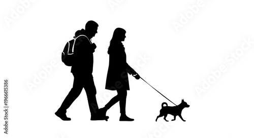 Silhouettes of a couple and their small dog walking together, depicting companionship and a casual outdoor stroll