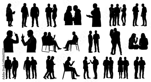 Diverse collection of black silhouette graphics showcasing various human interactions, communication, and social dynamics among people