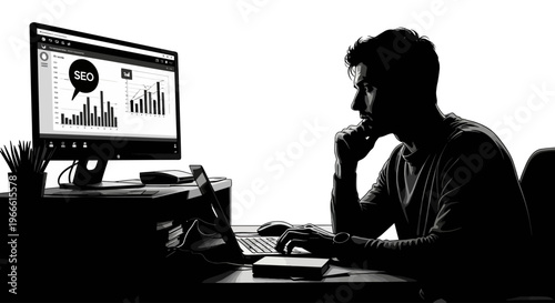 Silhouette of a person in front of a computer screen analyzing SEO data