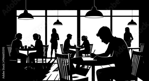 Silhouettes of people studying and working in a brightly lit cafe