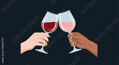 Two hands clinking glasses of red and rose wine in a toast celebration