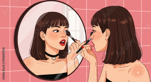 Woman applying makeup in a bathroom mirror
