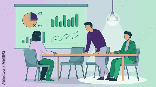 Business team presenting data analysis with charts and graphs in a meeting