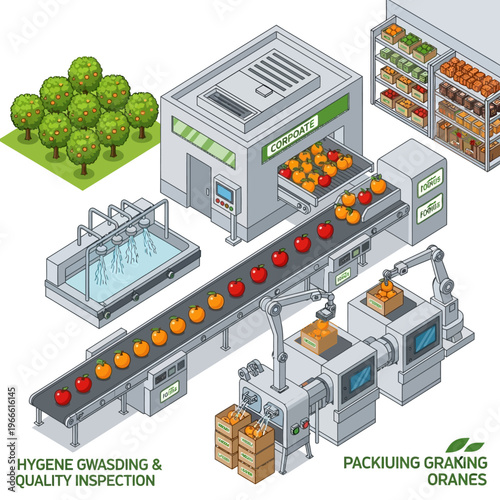 Isometric illustration of an automated fruit processing and packaging plant, from orchard to finished product.
