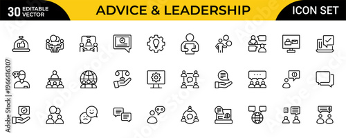 Advice and Leadership Modern Line Icon Set for Expert Consultation, Coaching, Training and Professional Guidance Outline Vector Collection