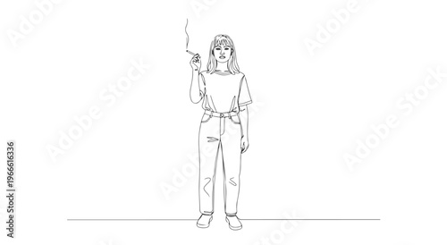 Continuous line art of woman standing on horizon, minimalist continuous-line drawing side view