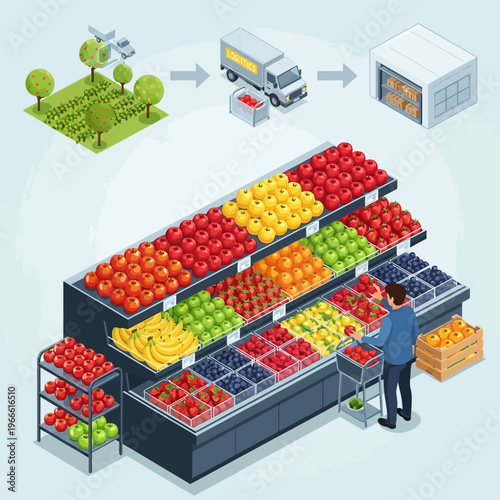 Isometric illustration depicting the journey of fresh produce from farm to supermarket shelves, showcasing cultivation, transportation, warehousing, and retail display with a shopper.
