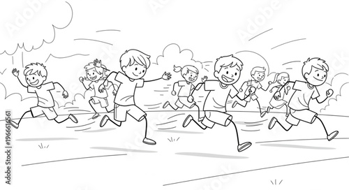 Children running a race outdoors in a cartoon style.