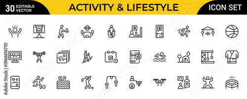 Activity and Lifestyle Line Icon Set for Cooking, Sports, Fishing, Camping and Hobby UI Design Outline Vector Collection