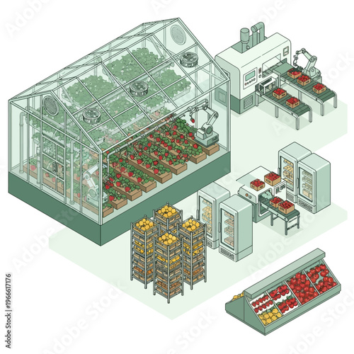 An isometric illustration depicting a futuristic automated greenhouse and food processing facility, showcasing vertical farming, robotic harvesting, packaging, and retail display.