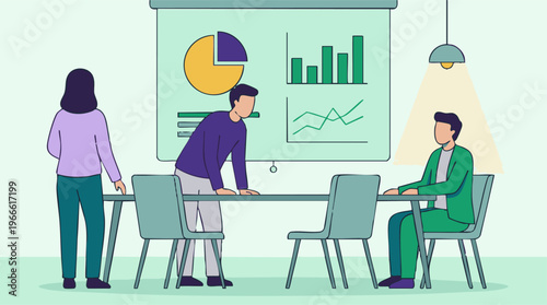 Business meeting with team analyzing data on projector screen