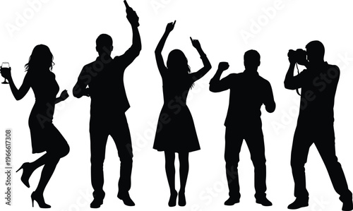 Black silhouettes of happy people partying dancing drinking and taking photos with camera at celebration event isolated on white background for night life design