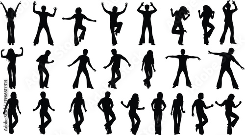 Black silhouettes of young people dancing in various energetic poses isolated on white background set of male and female party goers enjoying disco music clubbing and celebration