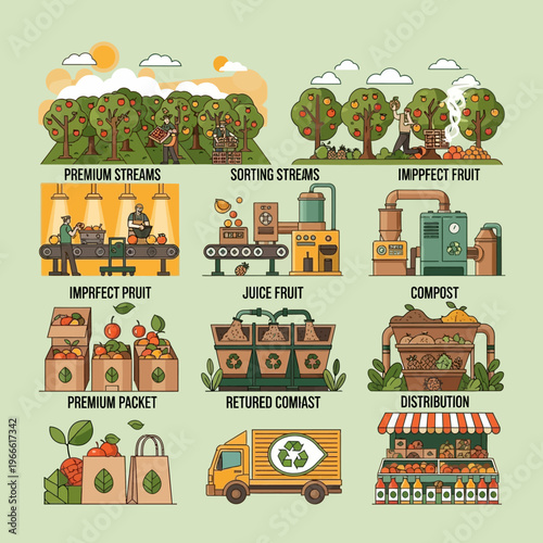 Illustration depicting the entire process of fruit production, from harvesting and sorting to packaging, juice production, composting, and final distribution to consumers.