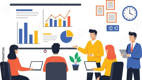 Business team attending office presentation where manager explains financial data on projection screen with charts graphs and analytics for corporate strategy and planning success