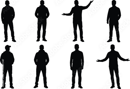 Collection of black silhouettes of men in casual clothing standing in various poses including pointing gesturing welcoming and arms open on white background